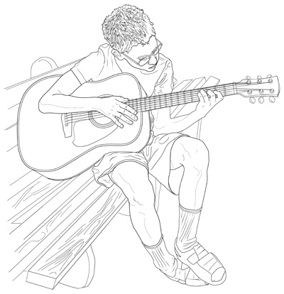 David lernt Gitarre (Digital Line Art)